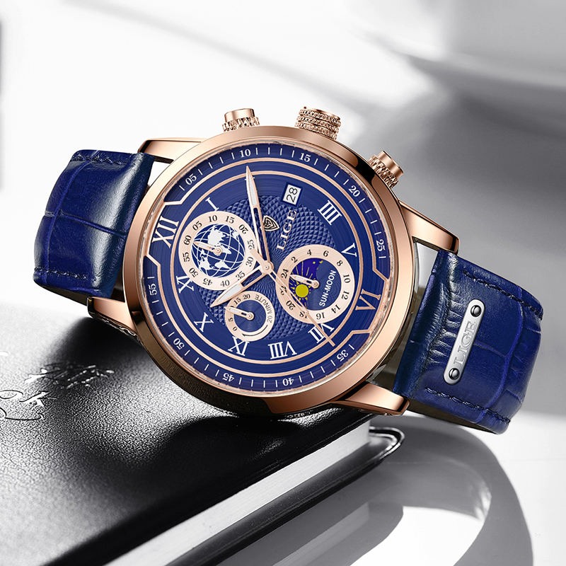 Hodinky s chronografem a koženým řemínkem Premium