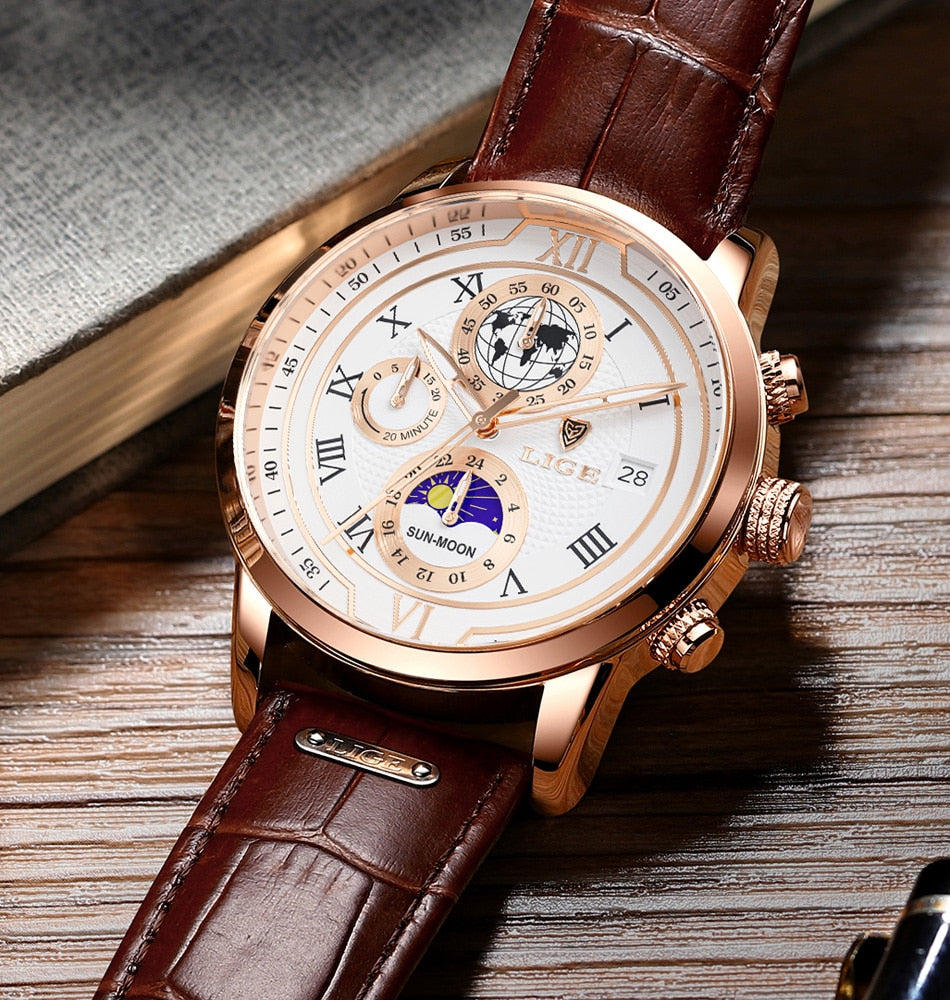 Hodinky s chronografem a koženým řemínkem Premium