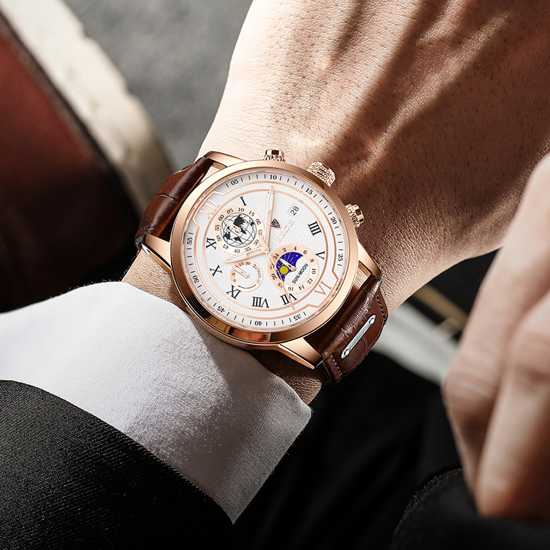 Hodinky s chronografem a koženým řemínkem Premium