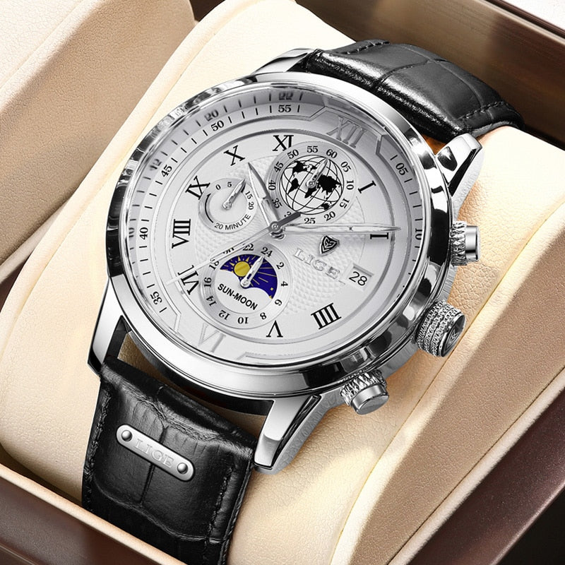 Hodinky s chronografem a koženým řemínkem Premium