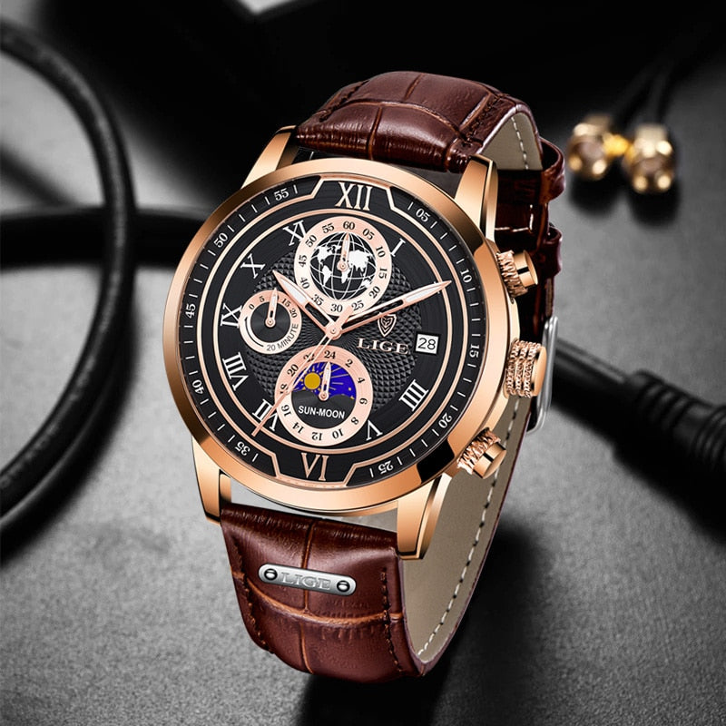 Hodinky s chronografem a koženým řemínkem Premium