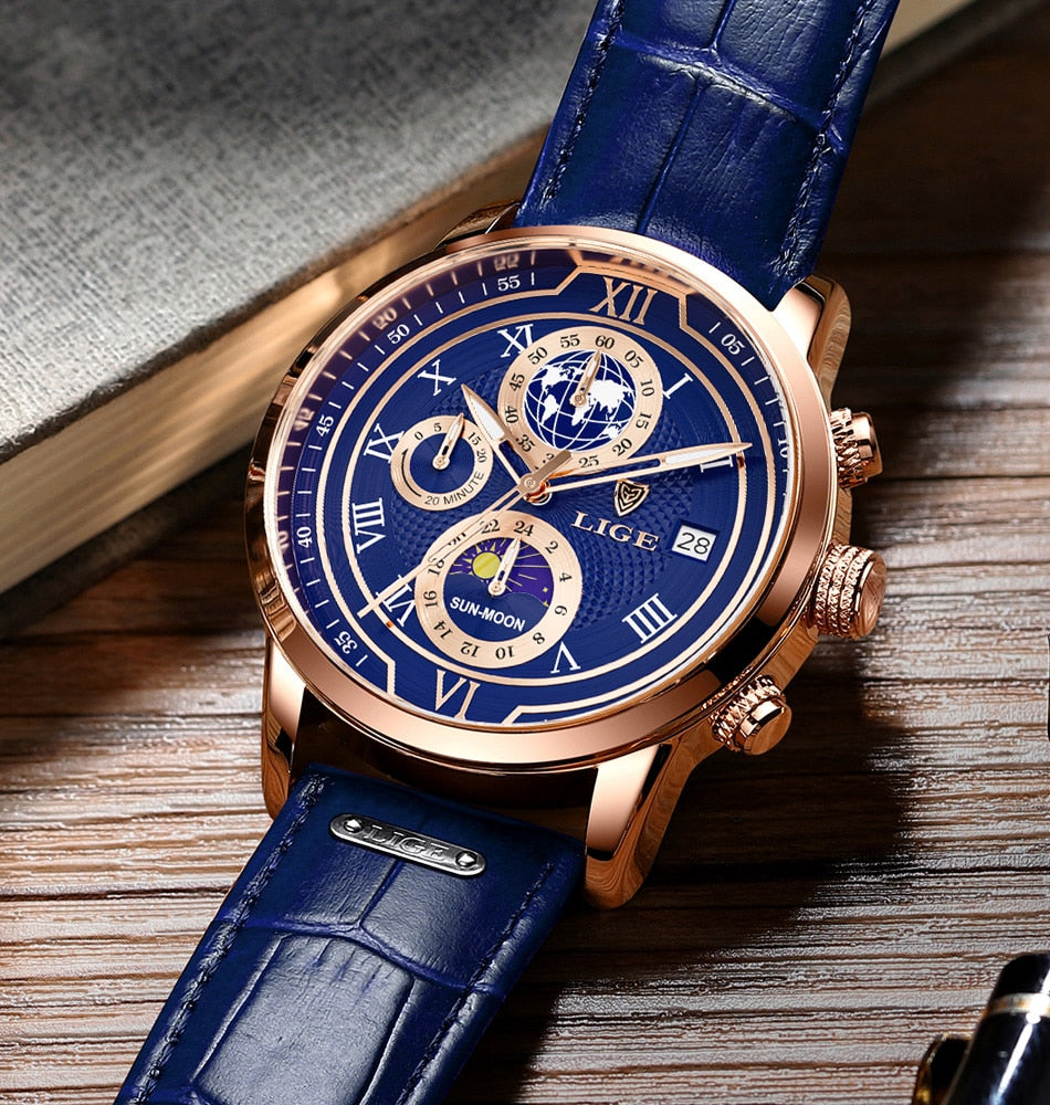 Hodinky s chronografem a koženým řemínkem Premium
