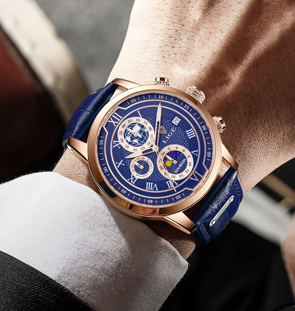 Hodinky s chronografem a koženým řemínkem Premium
