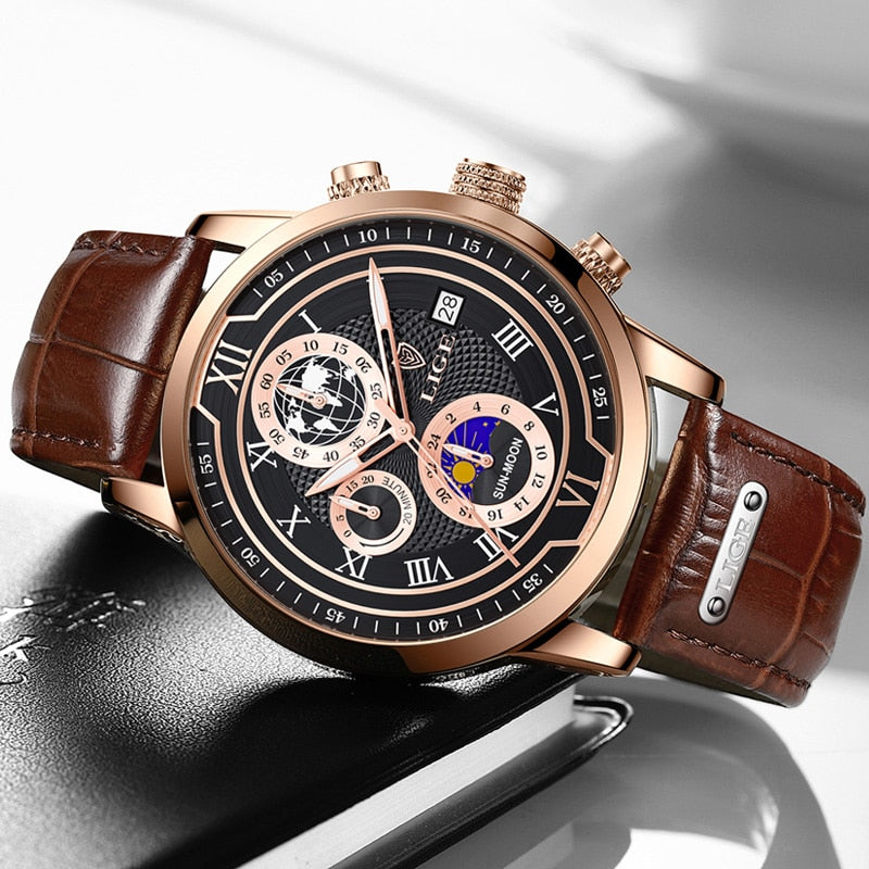 Hodinky s chronografem a koženým řemínkem Premium