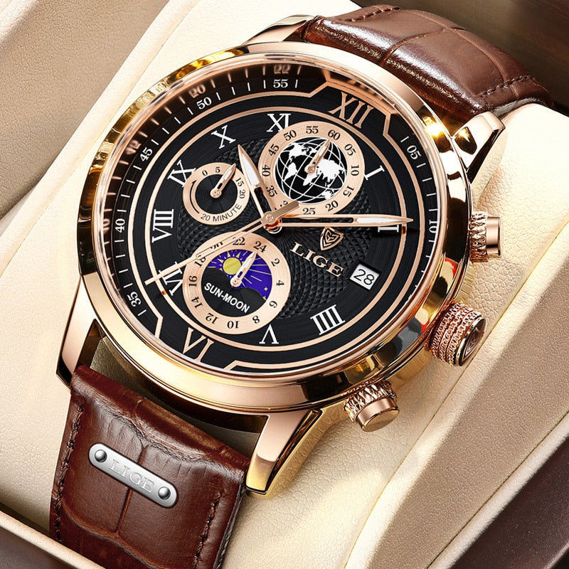 Hodinky s chronografem a koženým řemínkem Premium