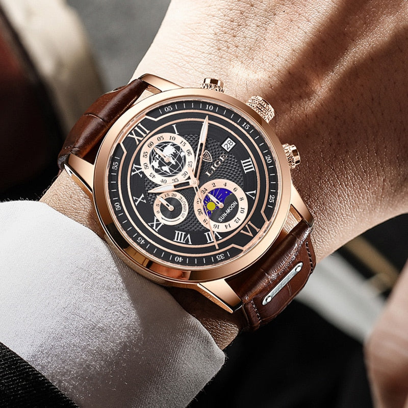 Hodinky s chronografem a koženým řemínkem Premium