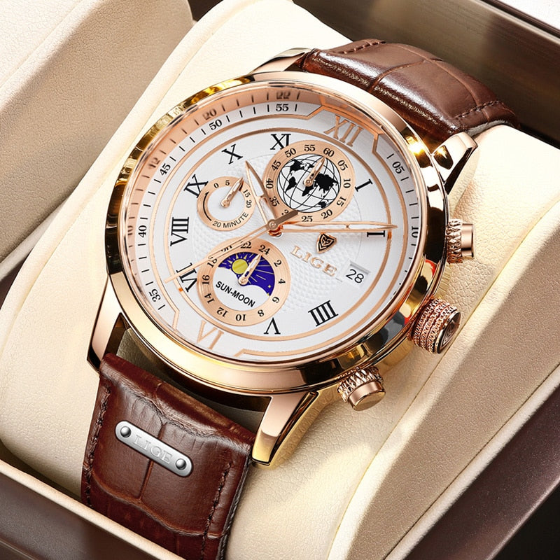 Hodinky s chronografem a koženým řemínkem Premium